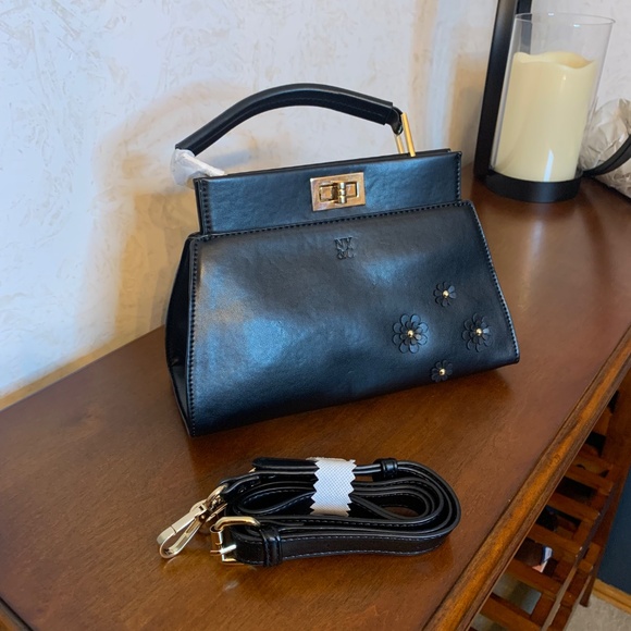 NY&C Black Handbag With Gold-Toned Hardware and Flowers Accent - Picture 9 of 12
